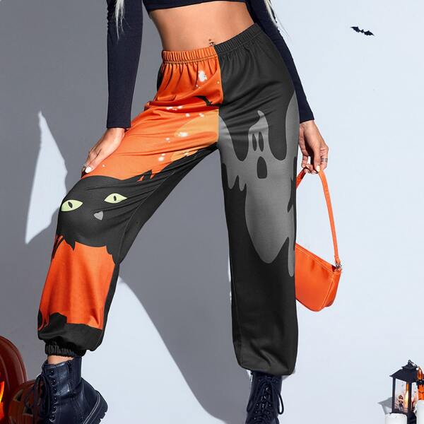 

Halloween Cat And Ghost Print Color Block Sweatpants, Multicolor