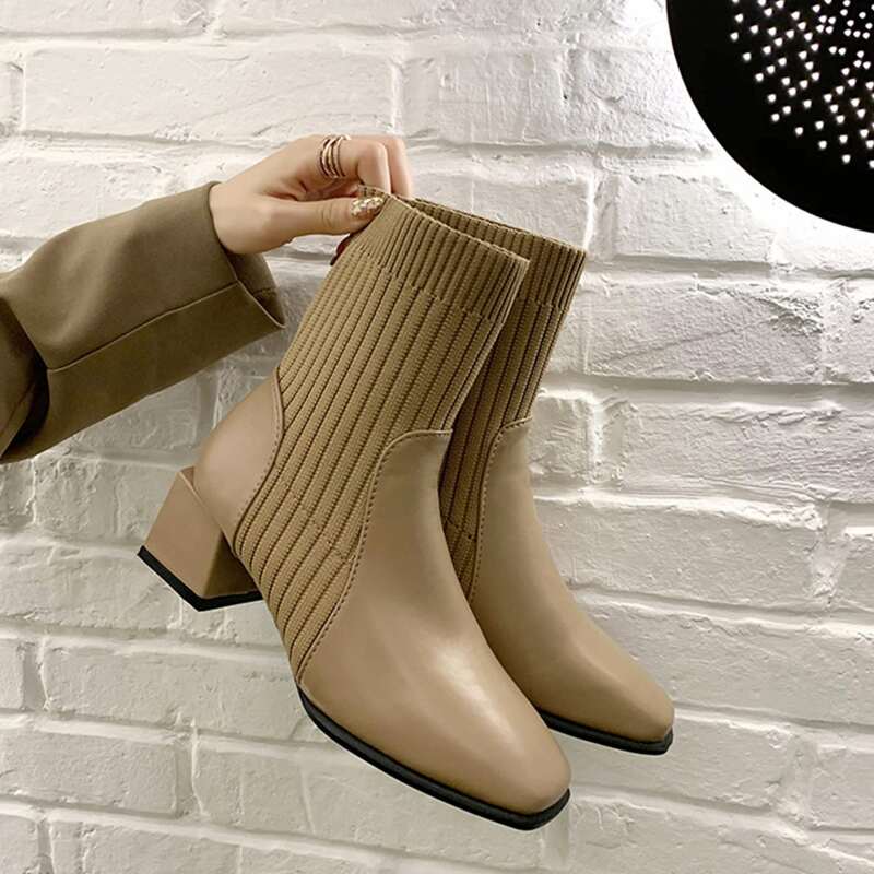 

Chunky Heeled Sock Boots, Khaki