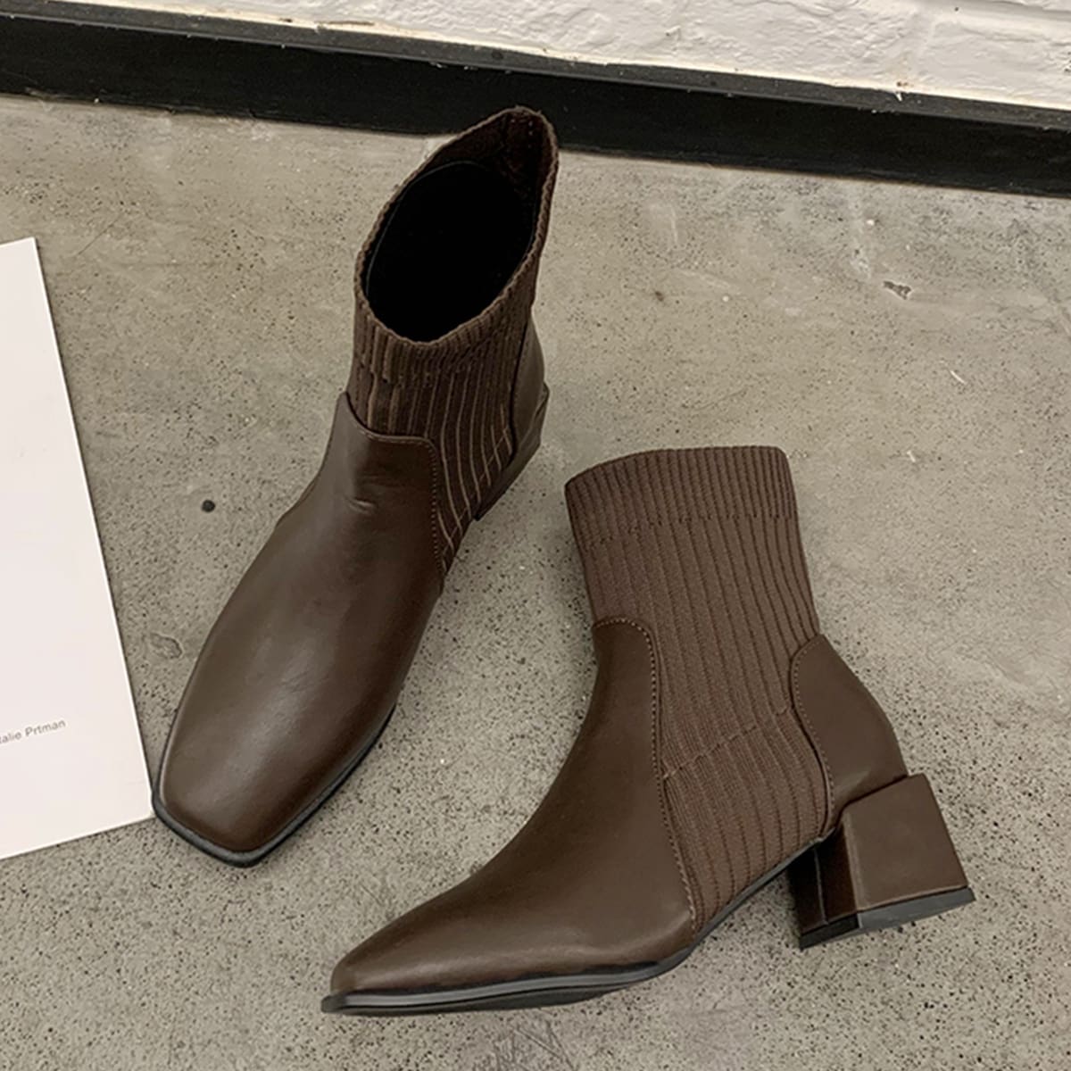

Chunky Heeled Sock Boots, Chocolate brown