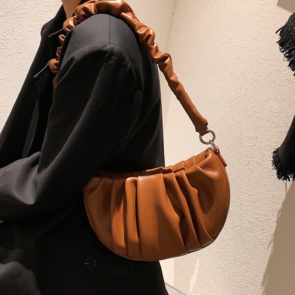 

Minimalist Shoulder Ruched Saddle Bag, Brown