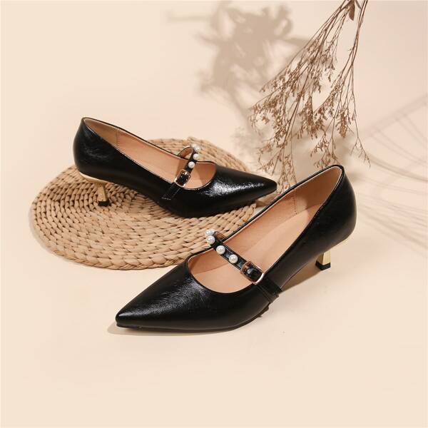 

Point Toe Faux Pearl Decor Court Pumps, Black
