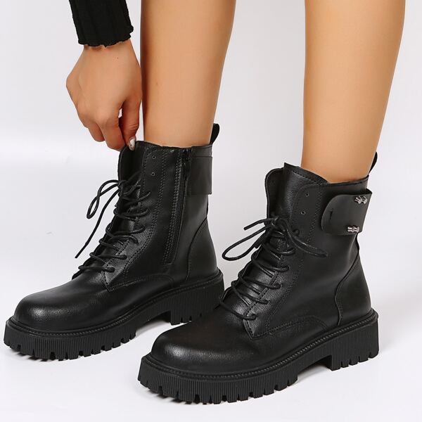 

Lace-up Front Side Zipper Combat Boots, Black