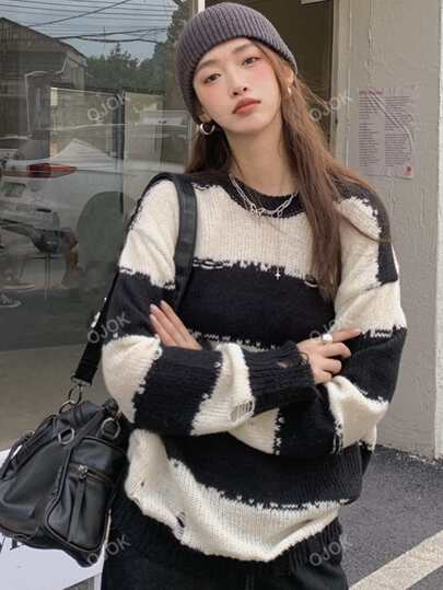 Wide Stripe Ripped Drop Shoulder Sweater