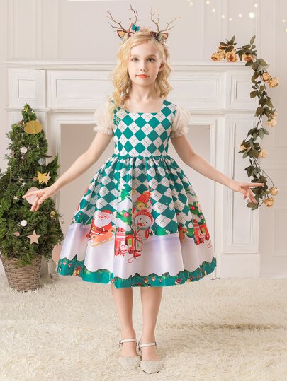 Tween Girl Christmas Party Dress, Satin Fabric, Random Cutting Direction Without Hair Accessories, Suitable For Christmas Party, Random Pattern Design