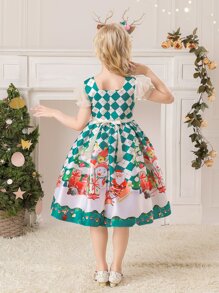 Cô gái Tween Tiệc Giáng sinh Đầm , Vải Sa tanh , Ngẫu nhiên Cắt Phương hướng Không có Phụ kiện tóc , Thích hợp Đối với Tiệc Giáng sinh , Họa tiết Ngẫu nhiên Thiết kế - màu xanh lá - Xem 2