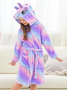 青少年女孩渐变色独角兽刺绣口袋正面 3D 贴片连帽系带法兰绒休闲长袍 - 彩色 - 查看 1