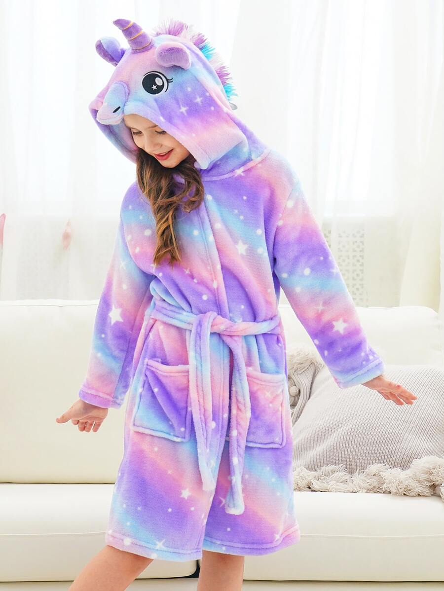 青少年女孩渐变色独角兽刺绣口袋正面 3D 贴片连帽系带法兰绒休闲长袍 - 彩色 - 查看 1