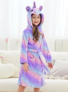 青少年女孩渐变色独角兽刺绣口袋正面 3D 贴片连帽系带法兰绒休闲长袍 - 彩色 - 查看 4