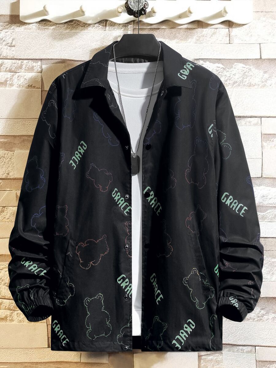 Manfinity 1 pieza Cazadora con estampado de oso de dibujos animados y letra con botón - Negro - Ver 1