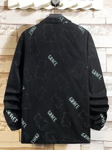Manfinity 1 pieza Cazadora con estampado de oso de dibujos animados y letra con botón - Negro - Ver 2