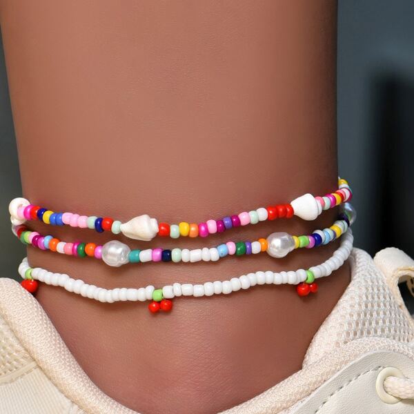 

3pcs Faux Pearl Decor Beaded Anklet, Multicolor