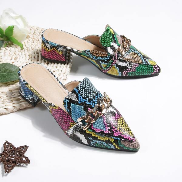 

Snakeskin Print Chain Decor Chunky Mules, Multicolor