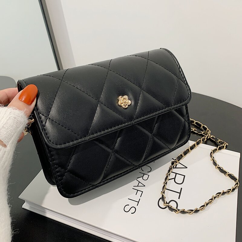 

Flower Decor Quilted Crossbody Bag, Black