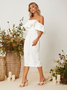 SHEIN Belle Vestido transparente con tira ribete con fruncido de espalda abierta de satén - Blanco - Ver 5