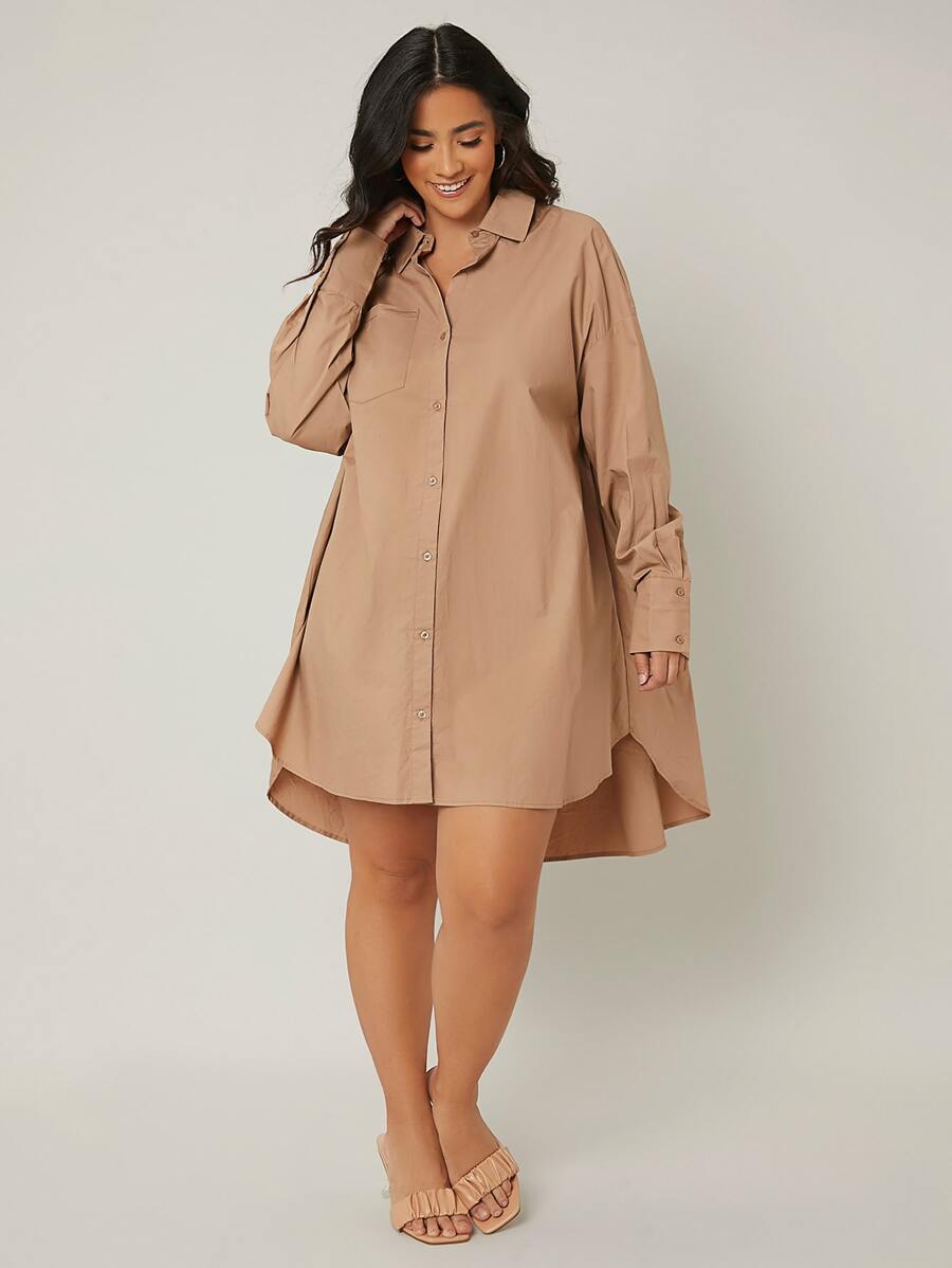 SHEIN LUNE Đầm Plus Size Bất đối xứng Túi Nút phía trước màu trơn Giải trí Thanh lịch - Màu Khaki - Xem 1