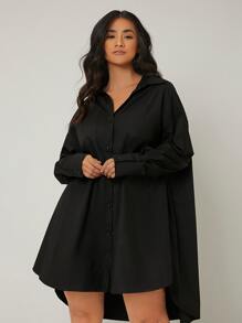 SHEIN LUNE Đầm Plus Size Túi Nút phía trước màu trơn Giải trí - màu đen - Xem 1