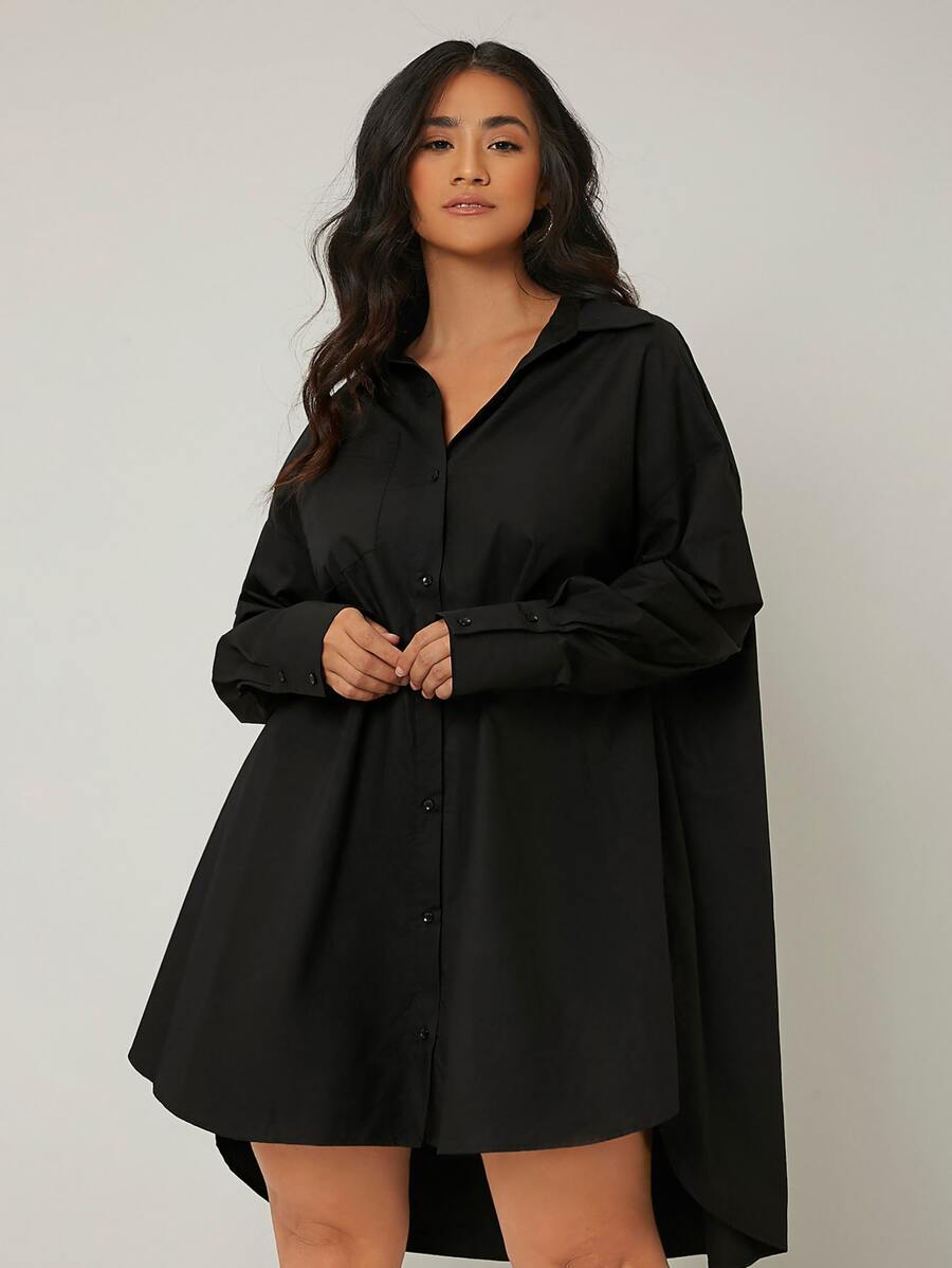SHEIN LUNE Đầm Plus Size Túi Nút phía trước màu trơn Giải trí - màu đen - Xem 1