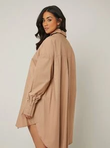 SHEIN LUNE Đầm Plus Size Bất đối xứng Túi Nút phía trước màu trơn Giải trí Thanh lịch - Màu Khaki - Xem 2