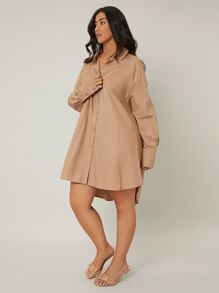SHEIN LUNE Đầm Plus Size Bất đối xứng Túi Nút phía trước màu trơn Giải trí Thanh lịch - Màu Khaki - Xem 3