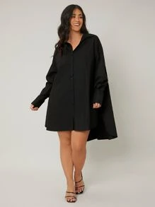 SHEIN LUNE Đầm Plus Size Túi Nút phía trước màu trơn Giải trí - màu đen - Xem 3