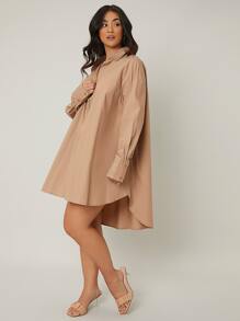 SHEIN LUNE Đầm Plus Size Bất đối xứng Túi Nút phía trước màu trơn Giải trí Thanh lịch - Màu Khaki - Xem 4