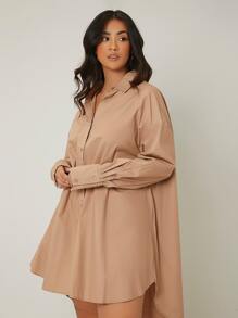 SHEIN LUNE Đầm Plus Size Bất đối xứng Túi Nút phía trước màu trơn Giải trí Thanh lịch - Màu Khaki - Xem 5