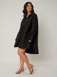SHEIN LUNE Đầm Plus Size Túi Nút phía trước màu trơn Giải trí - màu đen - Xem 5