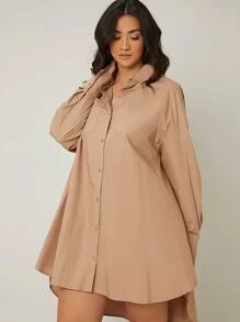 SHEIN LUNE Đầm Plus Size Bất đối xứng Túi Nút phía trước màu trơn Giải trí Thanh lịch - Màu Khaki - Xem 6