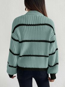 SHEIN Unity Striped Mock Neck Drop Shoulder Jumper - Green - View 2