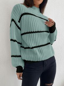 SHEIN Unity Striped Mock Neck Drop Shoulder Jumper - Green - View 4