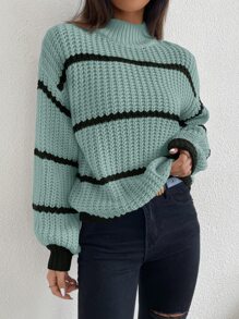 SHEIN Unity Striped Mock Neck Drop Shoulder Jumper - Green - View 6