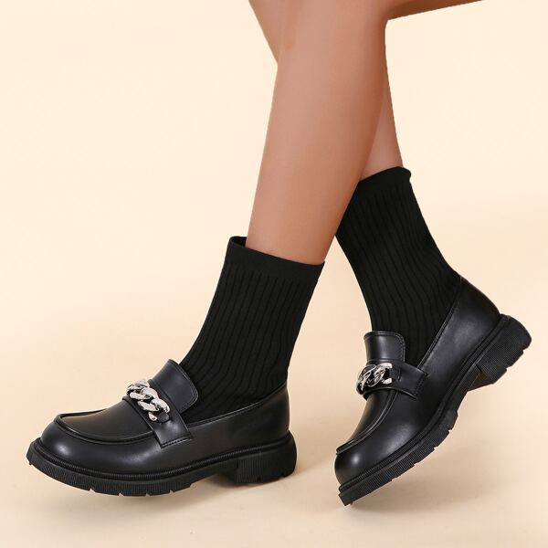 

Chain Decor Panel Design Sock Boots, Black