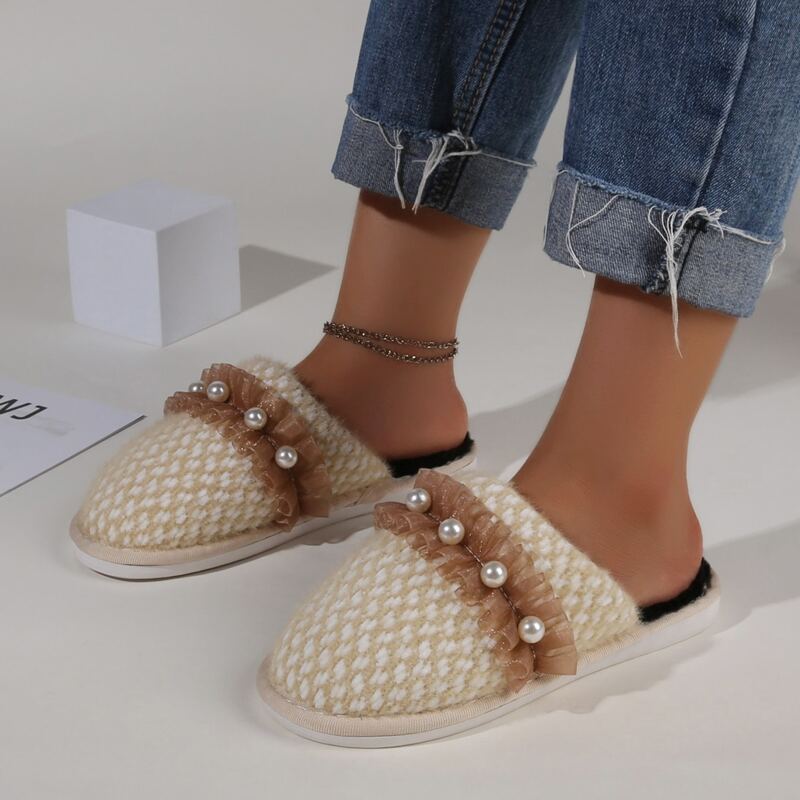 

Faux Pearl Decor Slippers, Beige
