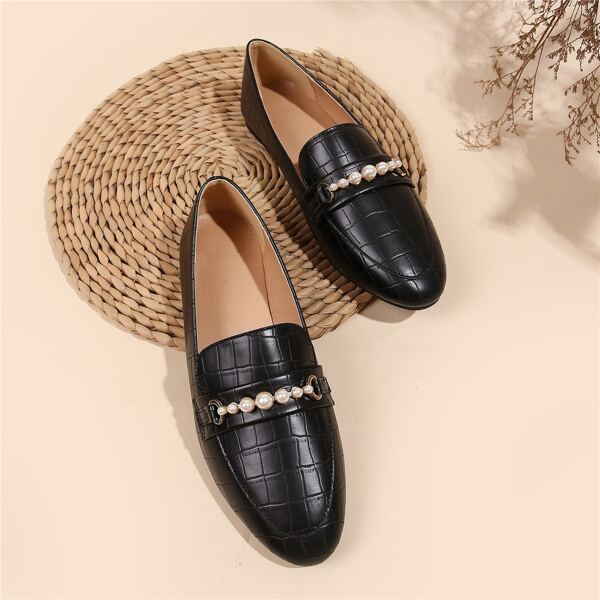 

Faux Pearl Decor Textured Loafers, Black