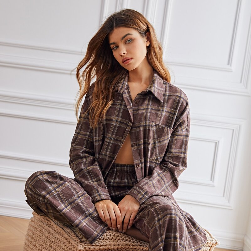 

Plaid Pocket Front Drop Shoulder Blouse & Pants PJ Set, Chocolate brown