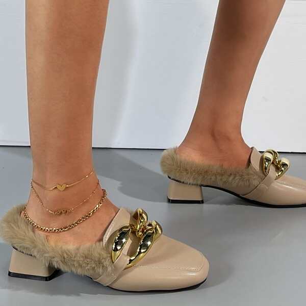 

Metal Decor Square Toe Mules, Apricot