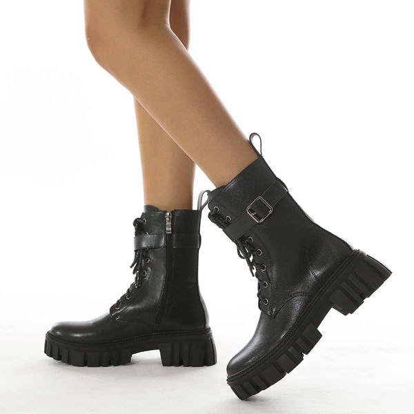 

Buckle Decor Lace-up Front Side Zipper Platform Combat Boots, Black