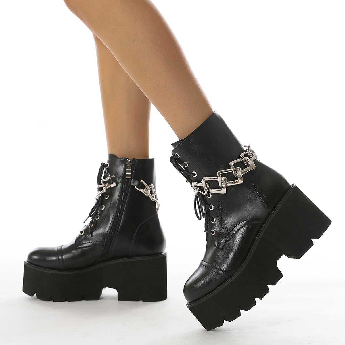 

Chain Decor Lace-up Front Side Zipper Platform Combat Boots, Black