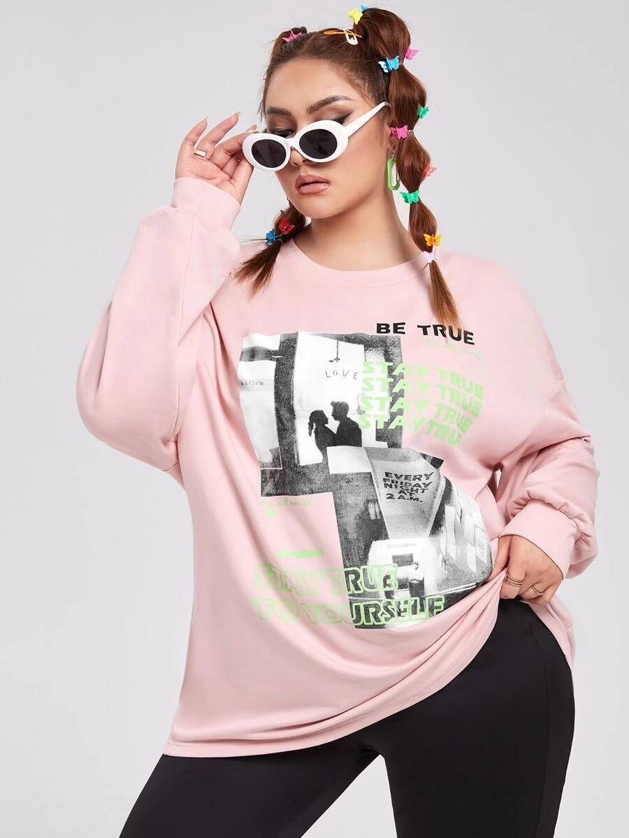 SHEIN Pullover verde neón con estampado - Rosa Pálido - Ver 1