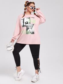 SHEIN Pullover verde neón con estampado - Rosa Pálido - Ver 3
