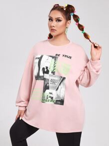 SHEIN Pullover verde neón con estampado - Rosa Pálido - Ver 5
