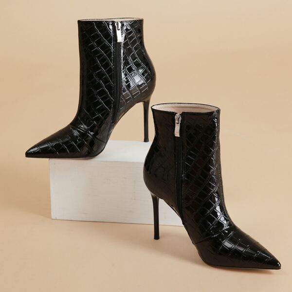 

Croc Embossed Point Toe Side Zipper Classic Boots, Black