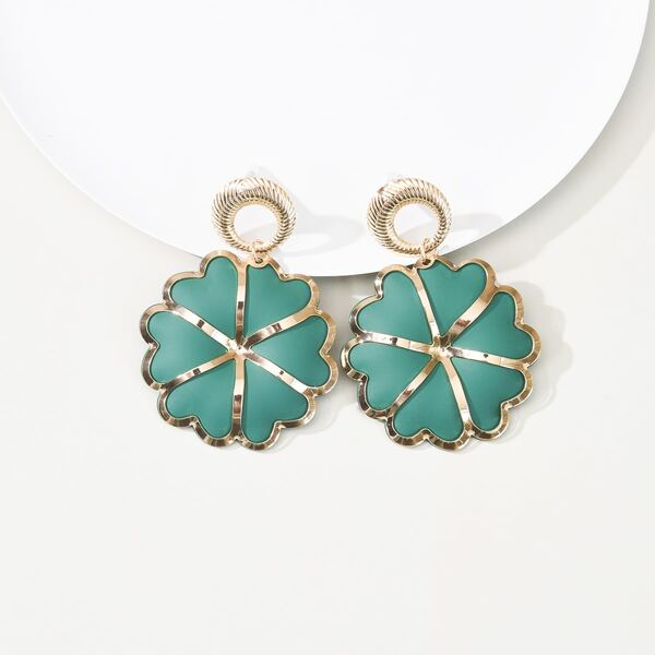 

14K Gold Plated Flower Design Drop Earrings, Dark green