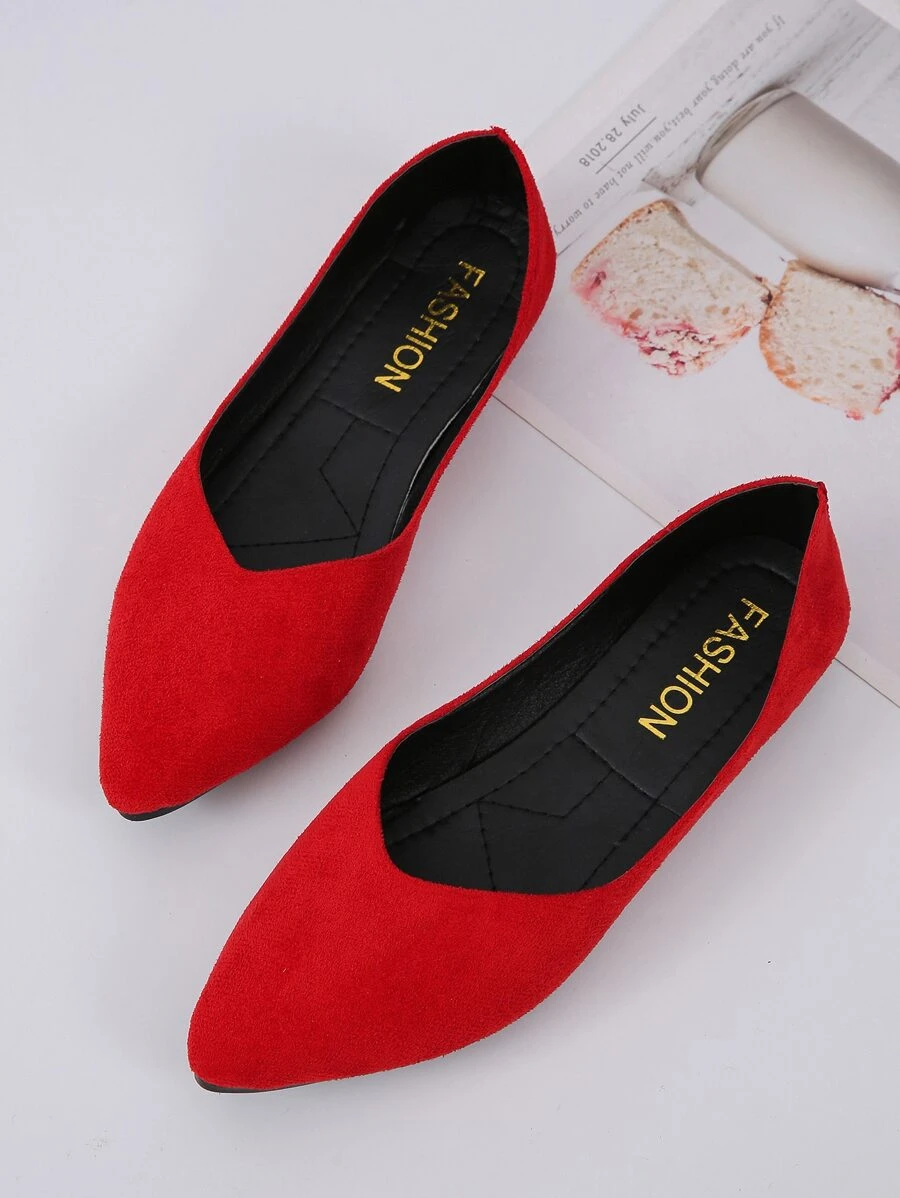 Suedette Point Toe Ballet Flats, Red Fashionable Solid Color Women's Flat Shoes - Red - View 1