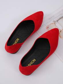 Suedette Point Toe Ballet Flats, Red Fashionable Solid Color Women's Flat Shoes - Red - View 2