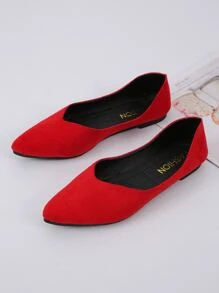 Suedette Point Toe Ballet Flats, Red Fashionable Solid Color Women's Flat Shoes - Red - View 3