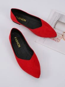 Suedette Point Toe Ballet Flats, Red Fashionable Solid Color Women's Flat Shoes - Red - View 4