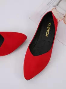 Suedette Point Toe Ballet Flats, Red Fashionable Solid Color Women's Flat Shoes - Red - View 5