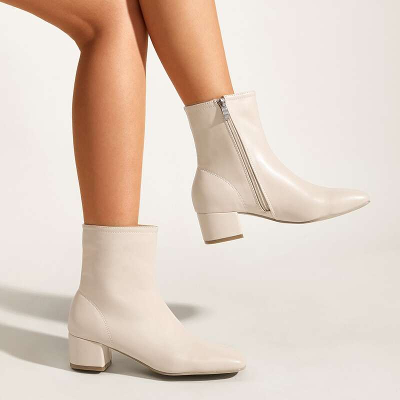 

Minimalist Side Zipper Chunky Heeled Classic Boots, Beige