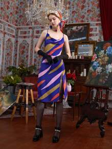 Sarah Alice Rabbit Graphic Print Split Thigh Cami Dress - Multicolor - View 5